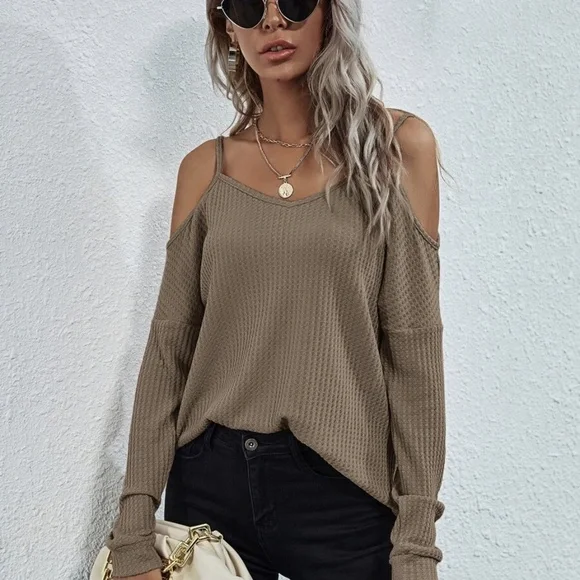 Boho Pink off shoulder waffle long sleeve knit top - Picture 7 of 16